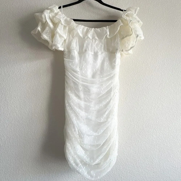 Camila Coelho Eva Mini Dress Ruched Mesh White Ivory Size Medium - Picture 3 of 14